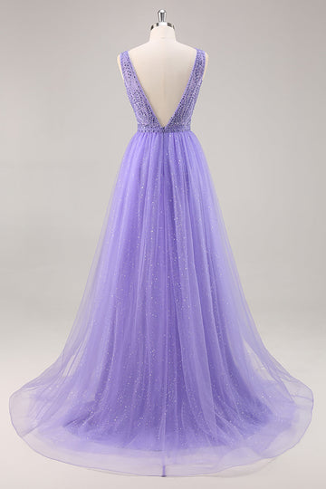 Sparkly Purple A Line Long Formal Dress with Beading